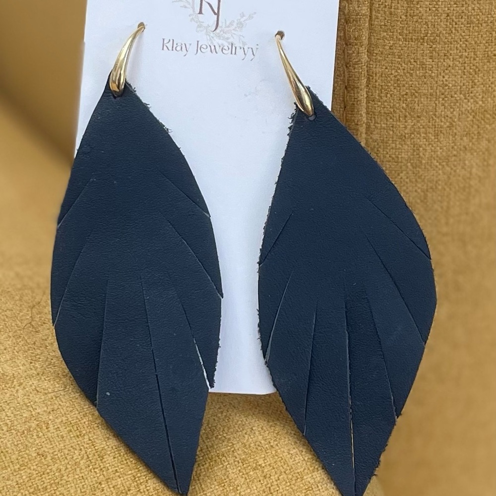 Navy Leather Feather Earrings